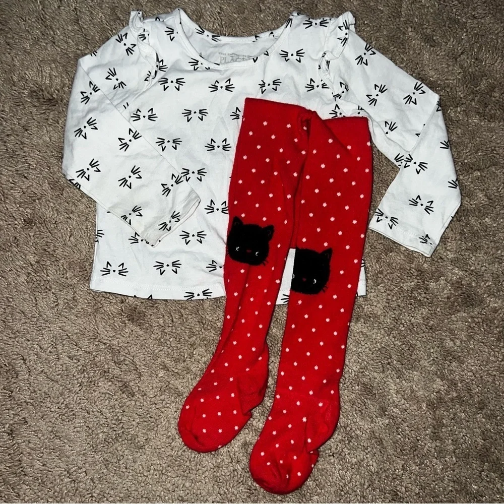 Gymboree Red Polka Dotted Cat Leggings and T-shirt Size 12-18 Months